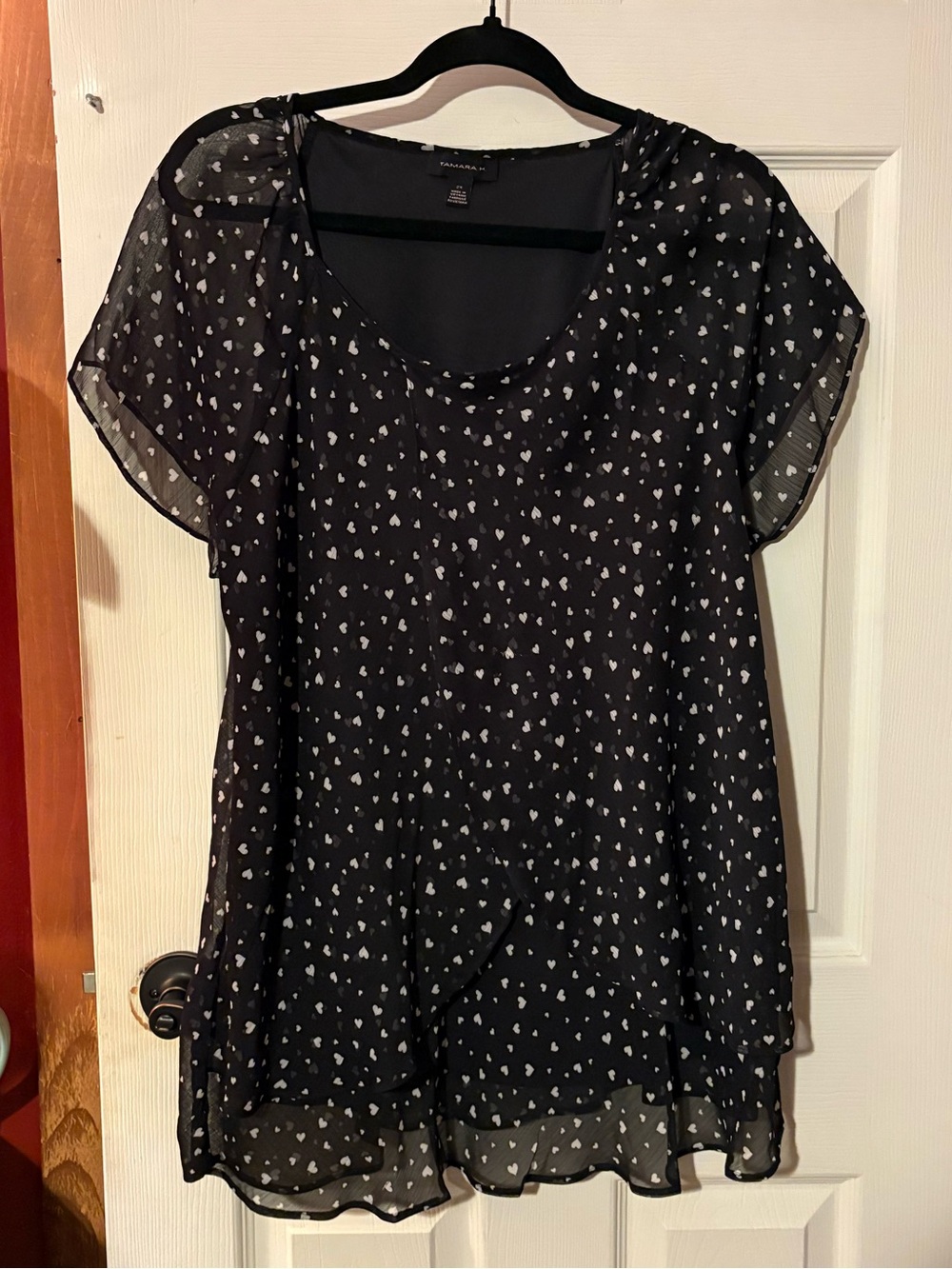Black Sheer Heart Print Flutter Sleeve Top